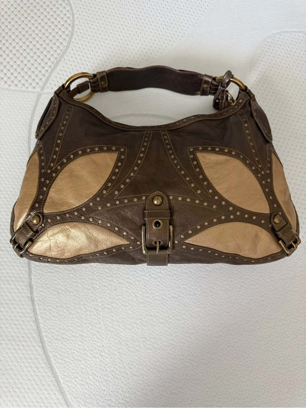 Isabella Fiore Metallic Taupe and Champagne Leather Hobo